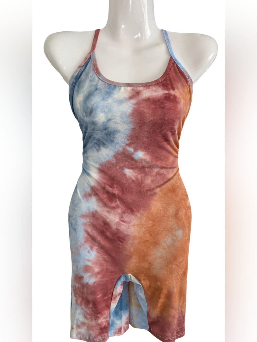 Tie-Dye Spaghetti Strap Bodycon Dress - Blue, Rust, Burnt Orange